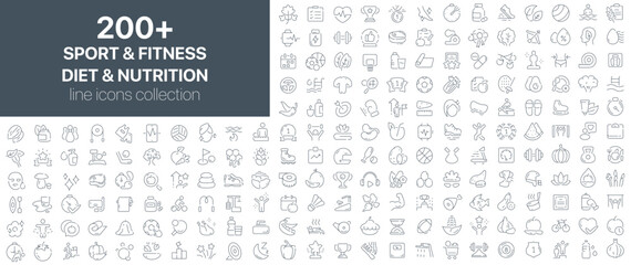 Fototapeta na wymiar Sport and fitness, diet and nutrition line icons collection. Set of line icons representing sports equipment, workouts, healthy food, fitness goals, supplements, and physical wellness