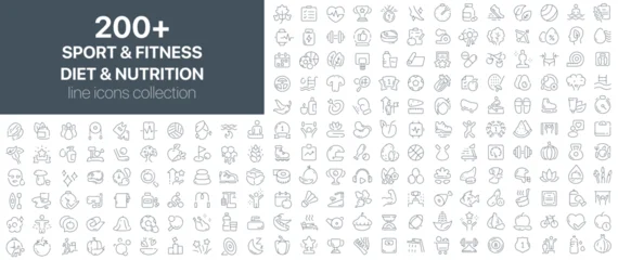  Sport and fitness, diet and nutrition line icons collection. Set of line icons representing sports equipment, workouts, healthy food, fitness goals, supplements, and physical wellness © stas111