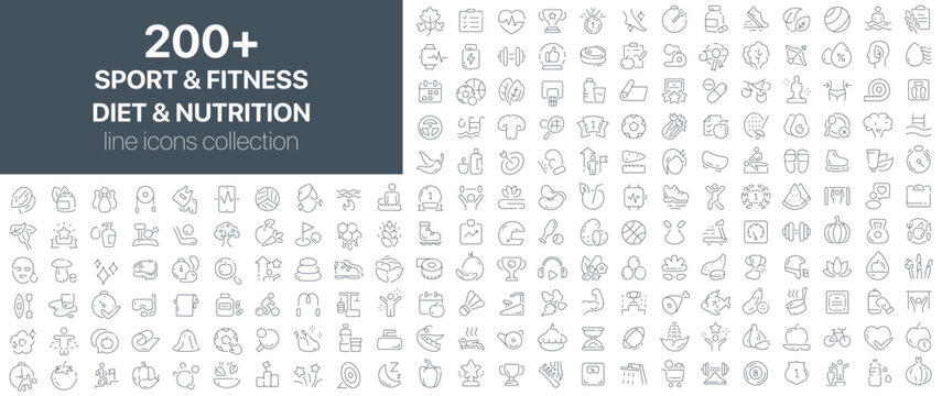 Sport and fitness, diet and nutrition line icons collection. Set of line icons representing sports equipment, workouts, healthy food, fitness goals, supplements, and physical wellness - Powered by Adobe