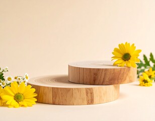 Natural showcase, rustic wood displays with bright yellow daisies on soft background