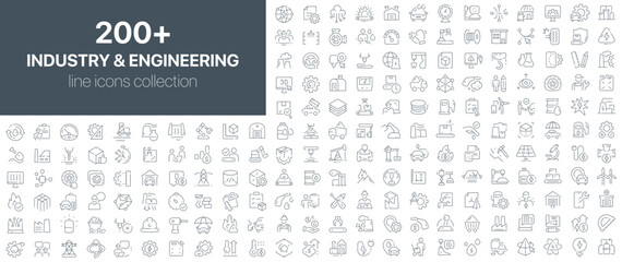 Industry and engineering line icons collection. Outline icons focused on industrial equipment, mechanical processes, factory automation, engineering tools, production systems, and power generation