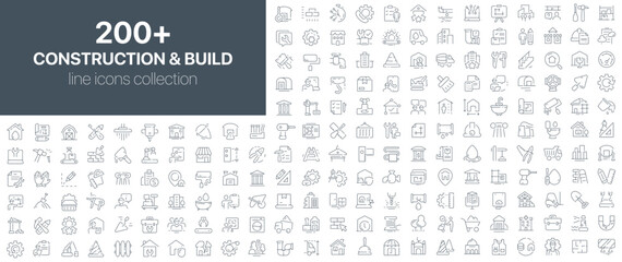 Construction and build line icons collection. Outline icon set featuring construction tools, building materials, site elements, structures, measuring equipment, and house renovation symbols