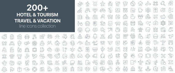Hotel and tourism, travel and vacation line icons collection. Set of thin line icons showing travel elements, tourism, vacation activities, hotel services, booking, and trip planning
