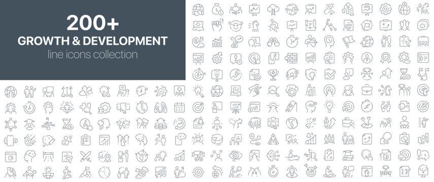 Growth and development line icons collection. Set of thin line icons related to personal and business growth, skill development, planning, improvement, and success