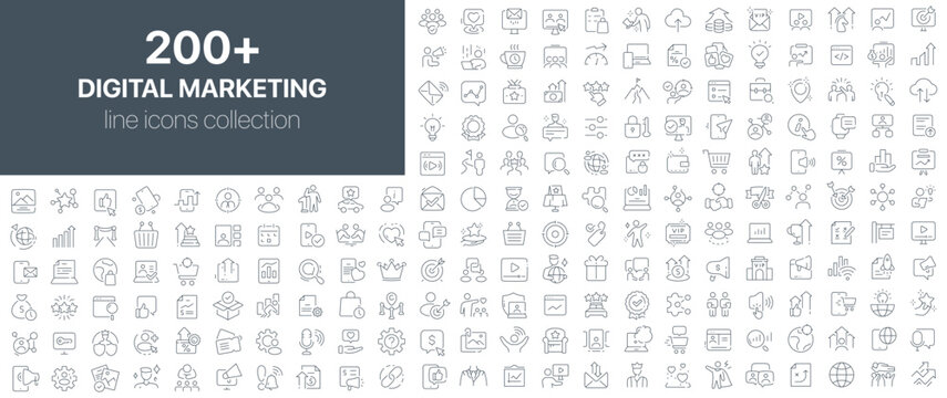 Digital marketing line icons collection. Line icons about online advertising, SEO, data analytics, brand promotion, audience targeting, campaign strategy, and outreach - Powered by Adobe