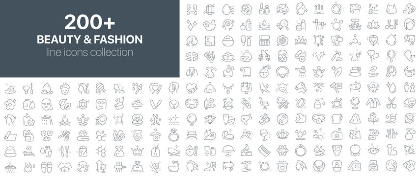 Beauty and fashion line icons collection. Outline icons representing cosmetics, skincare, hair styling, salon tools, fashion accessories, and wellness treatments