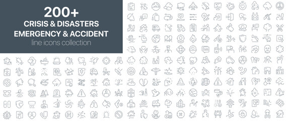 Crisis and disaster, emergency and accident icons collection illustrating emergency situations, natural disasters, rescue operations, survival, and safety measures in clean linear style