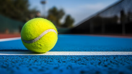 Illustration of a tennis ball on a blue tennis court with a blurred background and copy space. Illustration for sports banner and poster background.