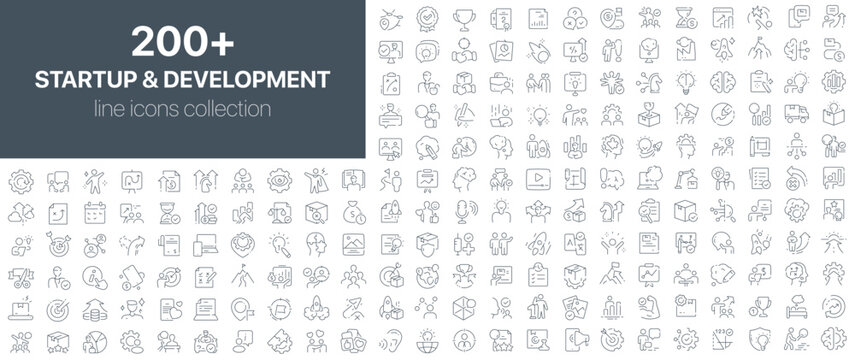 Startup and development icons collection illustrating innovation, entrepreneurship, business growth, teamwork, idea generation, and productivity processes in modern linear design