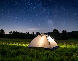 Night camping under a brilliant starry sky in a lush green field offers adventure and relaxation