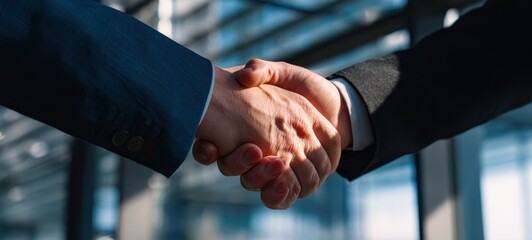 The handshake signifies partnership and collaboration in a professional business environment.