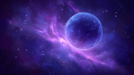 Obraz premium Abstract starry purple space with shining stardust glowing nebula realistic galaxy Milky Way and planet cosmic background scene