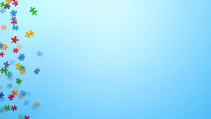 Abstract background with scattered colorful puzzle pieces floating over a soft gradient surface. Blue tones dominate the background, symbolizing World Autism Awareness Day. Simple and elegant composit