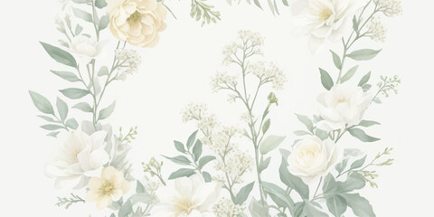 Fototapeta premium Delicate Pastel Floral Clipart in Watercolor Style Featuring Ivory Flowers, Butter Yellow Petals, and Dusty Blue-Green Leaves 