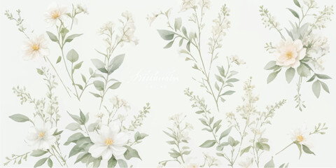 Whimsical Watercolor Floral Set – Ivory Flowers with Dusty Green Foliage, Butter Yellow Accents and Dusty Blue Shadows on Transparent
