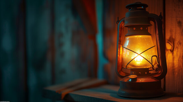 Vintage kerosene lantern glowing warmly against a rustic wooden wall - Powered by Adobe