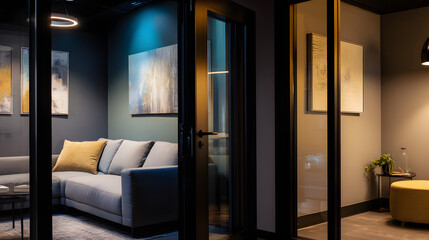 Minimalist coworking space with abstract art and clean modern design, bathed in soft ambient light.