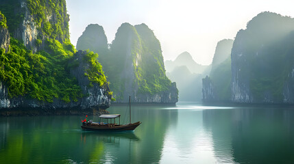Illustration of Ha Long Bay in Vietnam with green mountains and a small wooden boat. A scenic illustration for a holiday poster background.