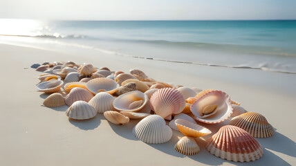 Seashells on a Beach with Ocean View Summer Vacation Concept