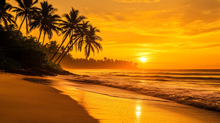 Illustration of a golden sunset with orange light over palm trees and a sandy beach. A beach sunset scene illustration for a holiday poster or flyer background.
