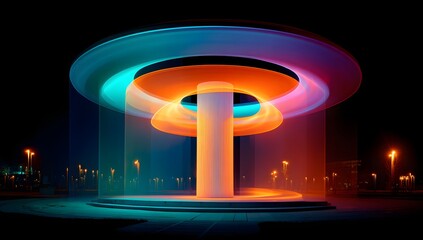 Colorful rainbow-lit circular structure with streaming lights at night