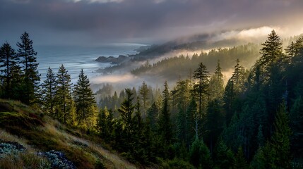 Golden morning sunlight filtering through misty pine trees near a calm coastal shoreline