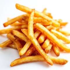 Pile of golden french fries isolated on white background