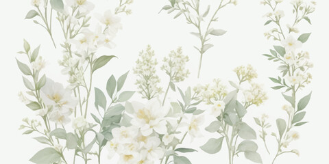 Botanical Watercolor Flower Clipart Pack with Butter Yellow Blooms, Dusty Blue and Sage Leaves, and Ivory White Flowers Isolated on Transparent
