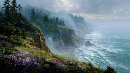 Sunrise paints the coastal forest cliffs with color as ocean mist drifts below