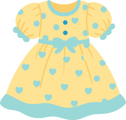 Cute yellow baby girl dress illustration with heart and polka dot pattern, puff sleeves, bow design, perfect for children’s fashion projects