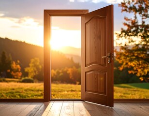 Open doorway leading to sunlit landscape with vibrant autumn colors and natural beauty