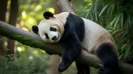 Obraz premium Giant Panda Resting on a Mossy Tree Branch in Lush Greenery