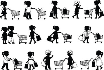 Naklejka premium Collection of diverse children silhouettes engaged in shopping activities with carts and bags on a white background