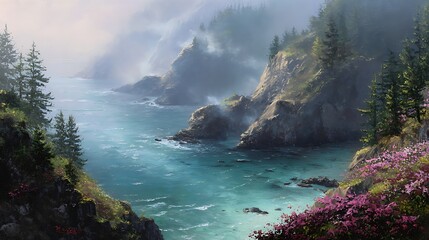 Sunrise paints the coastal forest cliffs with color as ocean mist drifts below