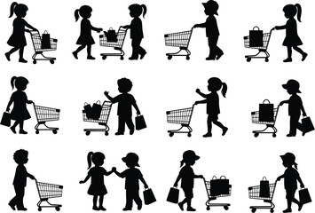 Collection of silhouettes of children pushing shopping carts with bags and toys illustrating childhood activities