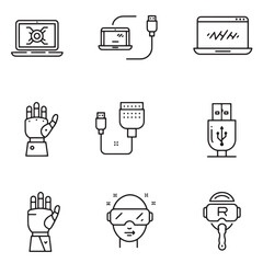 Set of minimalist technology and futuristic gadget icons in black and white outlines