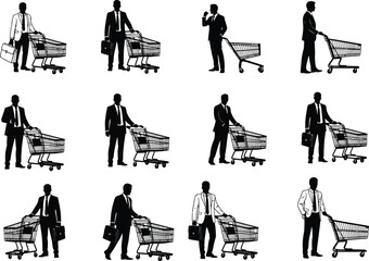 Collection of businessman silhouettes pushing shopping carts in various poses and actions