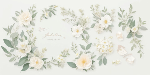 Minimal Botanical Watercolor Elements – Ivory and Butter Yellow Flowers with Dusty Green and Blue Leaves on Transparent Background

