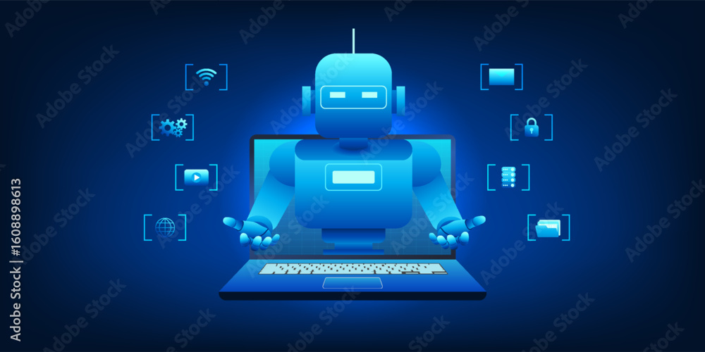 Poster robot emerging from the laptop represents the arrival of artificial intelligence as an intelligent a