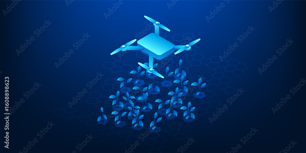 Poster smart farm technology concept with a drone flying over crops and spraying water automatically. advan