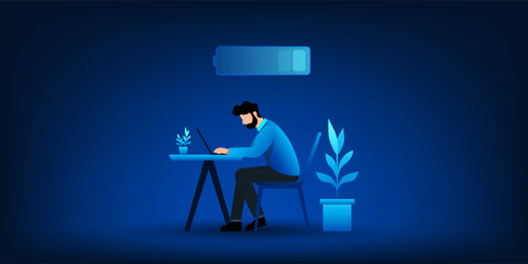 Reflects the burnout situation of today's working people by using the symbol of a nearly exhausted battery floating above the head, indicating the depleting life force from stress and lack of rest.