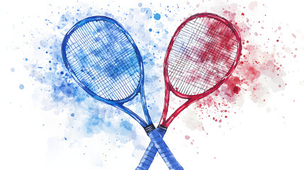 Watercolor illustration of two tennis rackets blue and red on a white background with paint splatters. Illustration for tennis sports banners and posters.