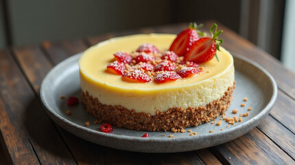 a raw vegan cheesecake on a stone plate