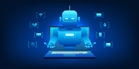 Robot emerging from the laptop represents the arrival of artificial intelligence as an intelligent assistant, but it is an agentic AI  that can analyze, decide, and perform tasks automatically.