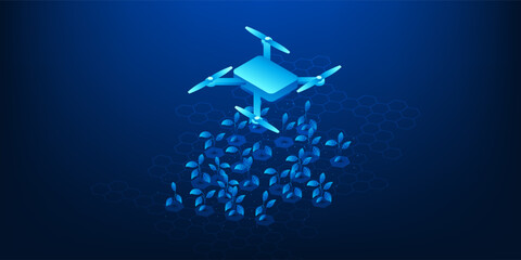Smart farm technology concept with a drone flying over crops and spraying water automatically. Advanced agricultural automation using AI and IoT to improve farming efficiency and sustainability