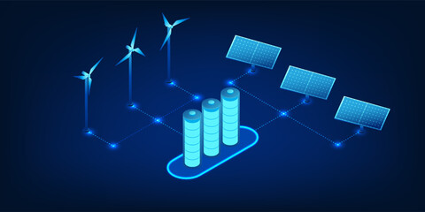 Sustainability of clean energy with solar panels and wind turbines that produce renewable energy and charge smart batteries. Illustration of green energy technology and environmental innovation.