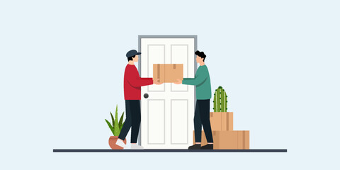 Vector illustration of a delivery man handing a parcel to an online shopper in front of their home. Concept of e-commerce, express delivery, online shopping convenience, and customer satisfaction