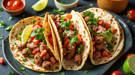 a flatlay of street tacos with vibrant salsa