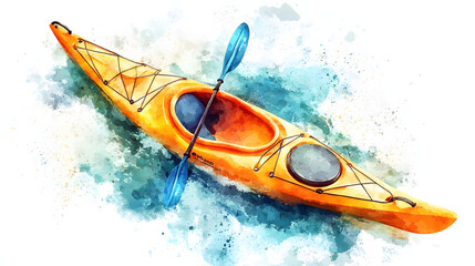 A watercolor illustration depicting a yellow and blue kayak on a white background. Illustration for a holiday poster background.