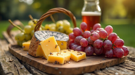a picnic basket with artisanal cheese and grapes
